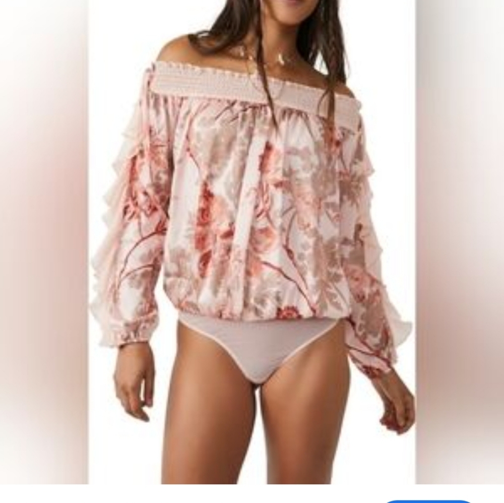 Free People Blush Pink Floral Off-Shoulder Ruffle Sleeve Top